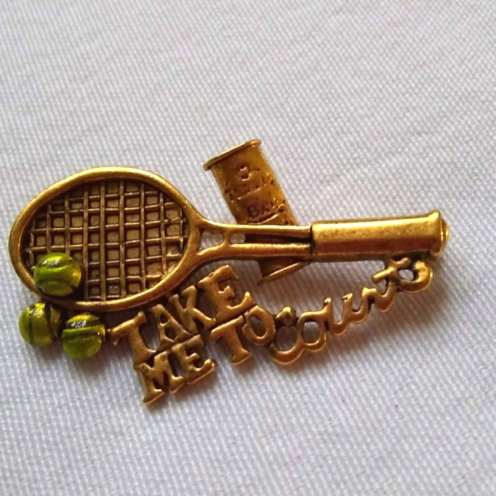 Vintage Danecraft Brooch Pin- "Take Me to Court" Tennis Racket Game Signed